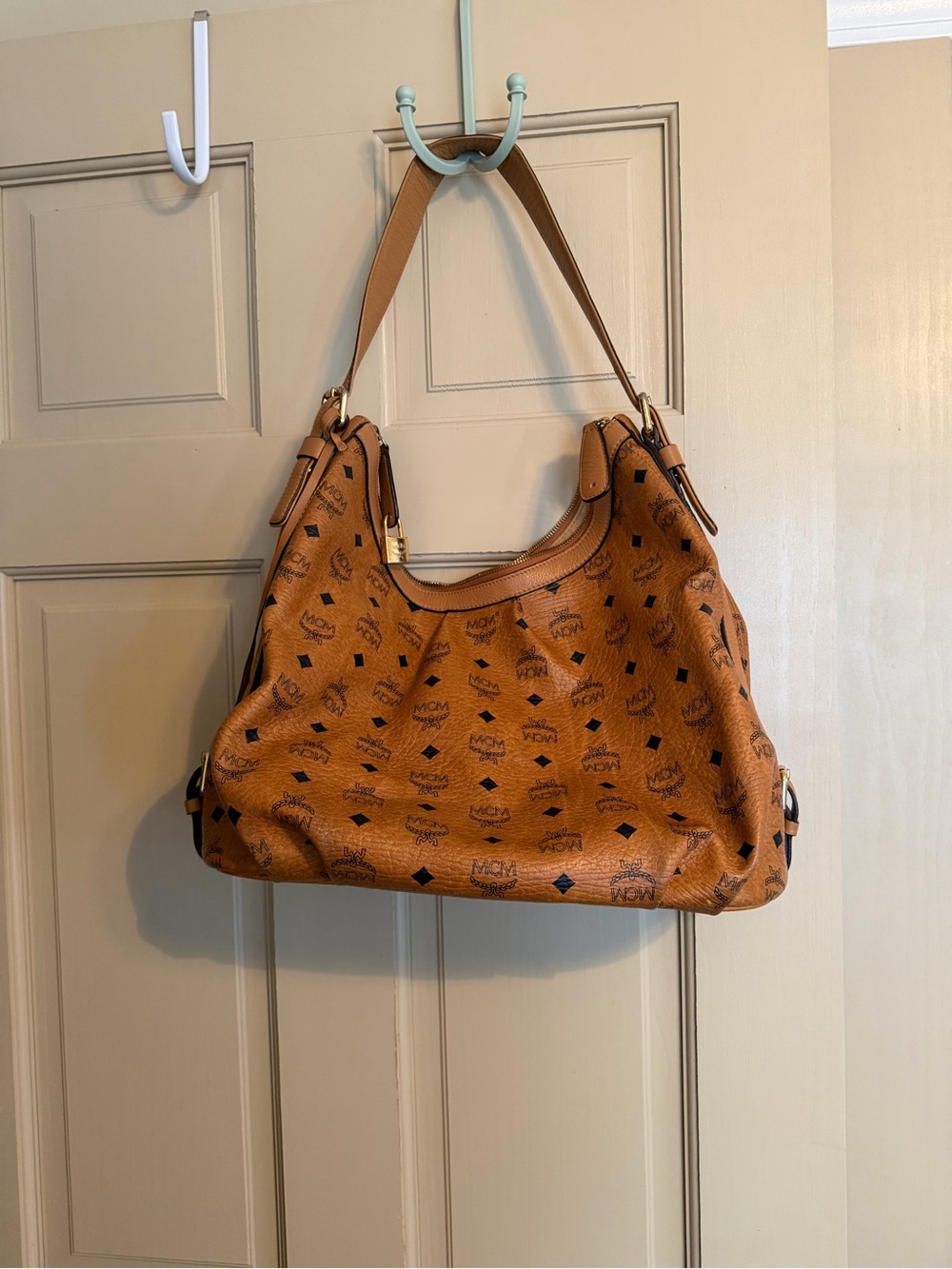 Authentic MCM Cognac Visetos Logo Shoulder Hobo